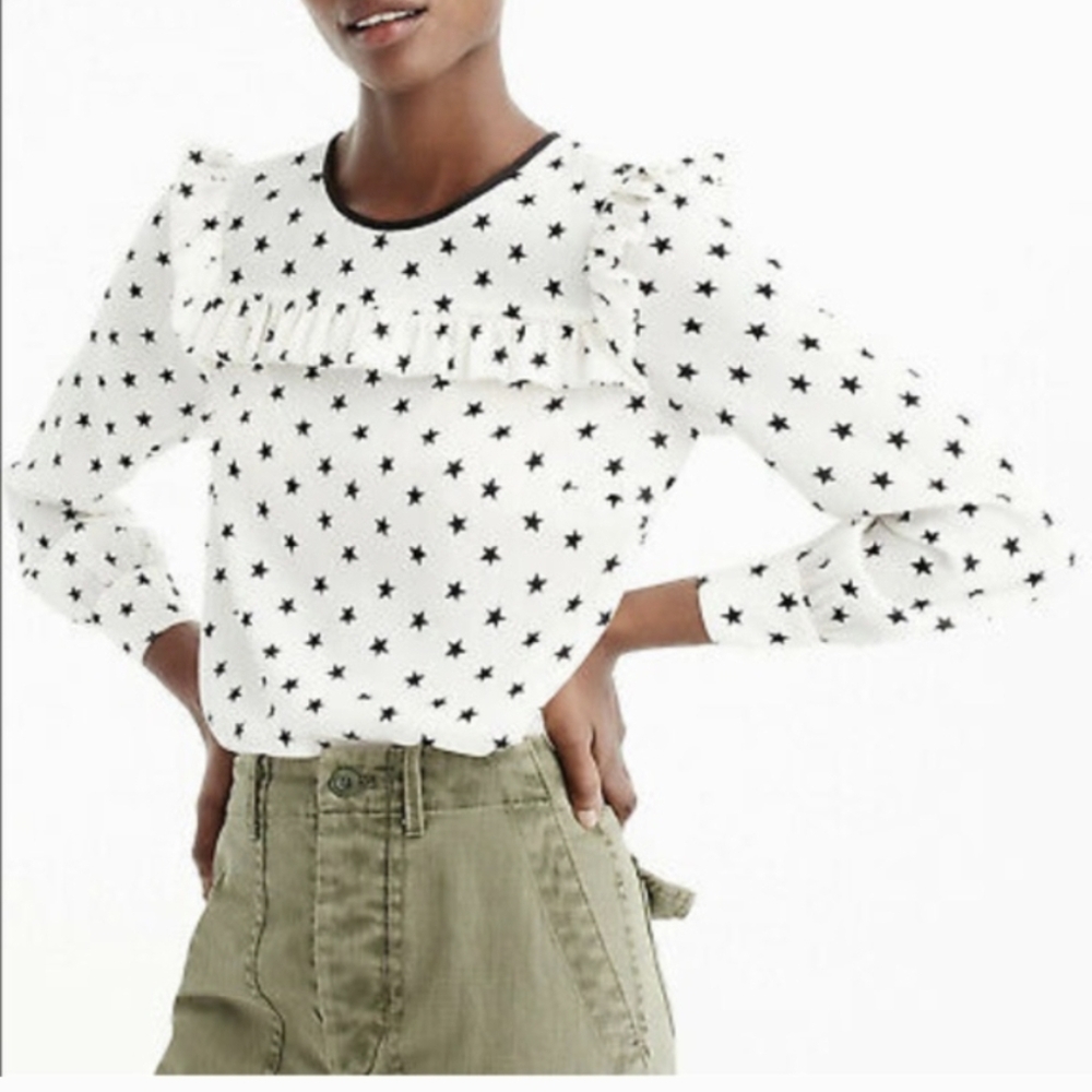 J.CREW Women's Ruffle Silk Top Star Print ivory white black blouse long 14